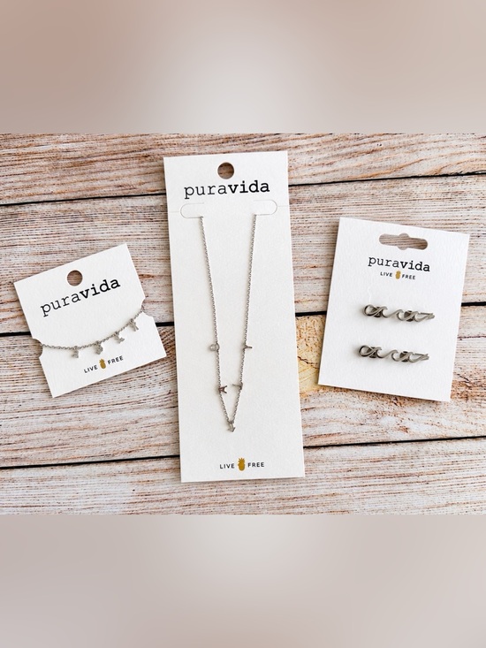 Pura Vida Jewelry - Pura Vida NWT Silver Jewelry Lot 3pc Bracelet, Necklace, Wave Barrett Boho Beach